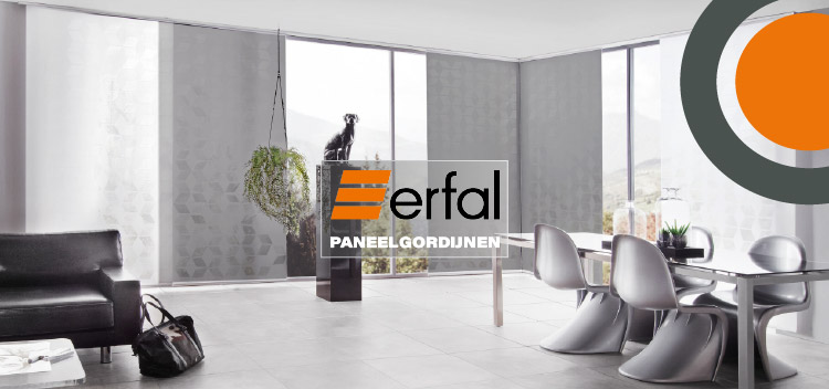 Erfal binnenzonwering & raamdecoratie bij Voorberg Zonwering BV. Erfal maakt prachtige paneelgordijnen van hoge kwaliteit.